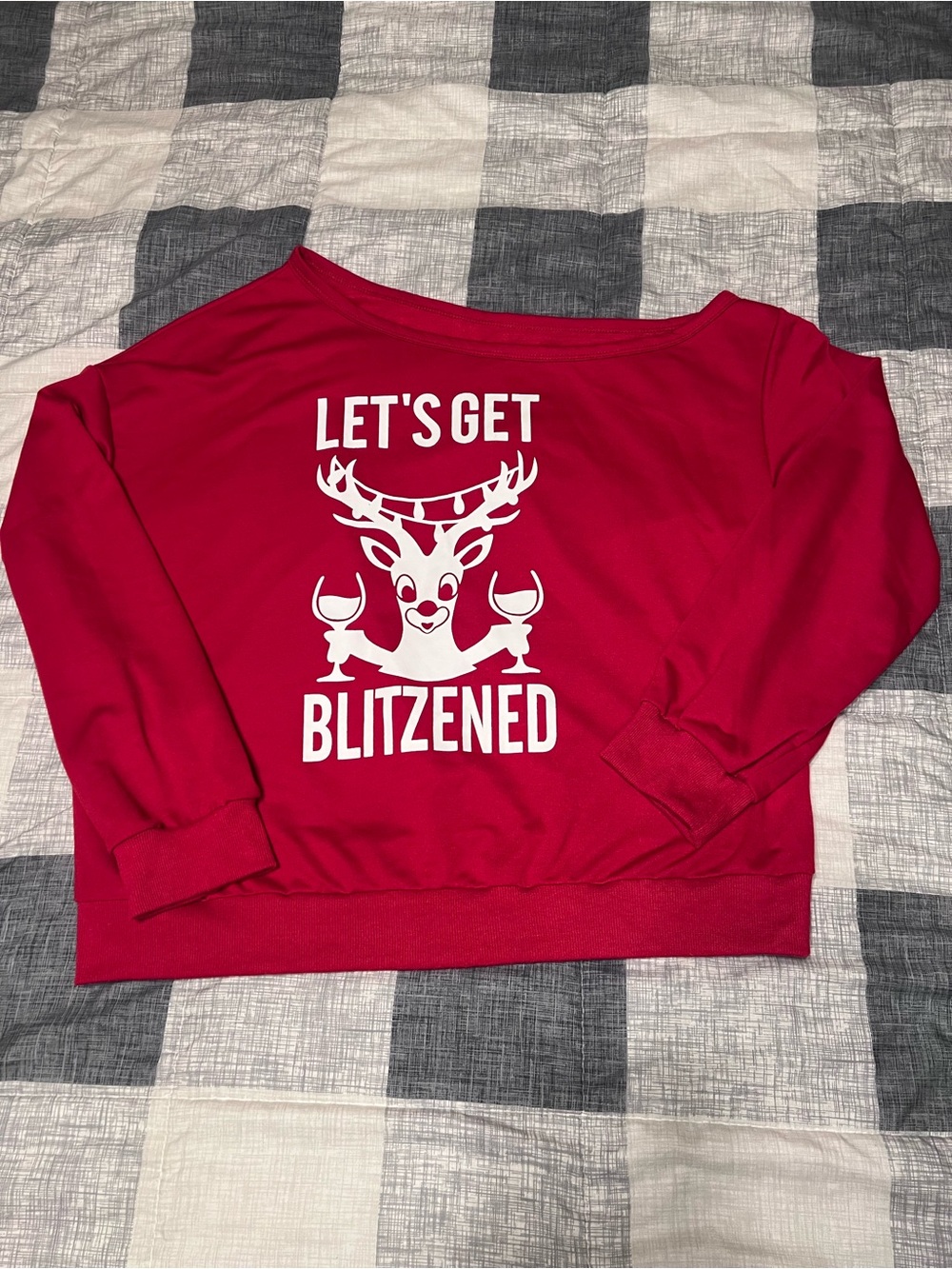 SHEIN Red Off-the-Shoulder Holiday Sweater "Let's Get Blitzened"